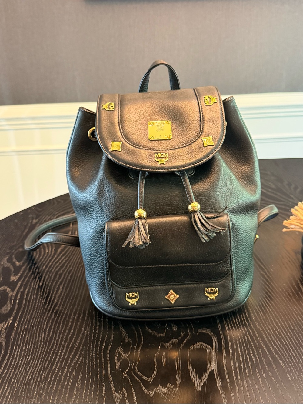 Authentic Vintage MCM Munich 1980s Black Pebbled Leather Drawstring Backpack Bag